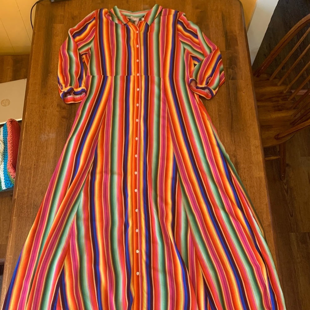 Philosophy Dress 14 Vibrant Rainbow Striped Maxi Button up 3/4 Sleeves Highwaist